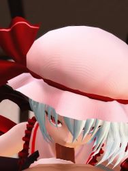 1boy 1girl 3d animated bat_wings censored cheek_bulge clothed_male_nude_male collarbone detached_sleeves fellatio grey_hair hat hetero looking_at_viewer mikumikudance_(medium) mob_cap mosaic_censoring nude oral penis pink_headwear pmuosu pov red_eyes remilia_scarlet short_hair solo_focus touhou upper_body video wings