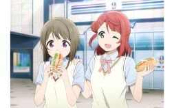 2girls ;d absurdres artbook asymmetrical_hair blue_shirt blunt_bangs collared_shirt eating food grey_hair hair_bun hair_ornament hairclip highres holding holding_food hot_dog love_live! love_live!_nijigasaki_high_school_idol_club multiple_girls nakasu_kasumi neck_ribbon nijigasaki_school_uniform non-web_source official_art one_eye_closed open_mouth pink_eyes pink_hair ribbon sandwich school_uniform shirt short_hair short_sleeves single_side_bun smile summer_uniform sweater_vest uehara_ayumu upper_body vest yellow_eyes