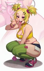 1girl absurdres bare_shoulders blonde_hair blush breasts chipped_tooth cleavage english_text fellatio_gesture freckles handjob_gesture highres looking_at_viewer medium_breasts multicolored_hair naughty_face navel oral_invitation original piercing riz saya_(riz) sexually_suggestive short_twintails smile solo thick_eyebrows thick_thighs thighhighs thighs tongue tongue_out twintails underboob