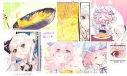 Rule 34 | 2girls, :d, bad id, bad twitter id, chopsticks, closed eyes, food, frying pan, green eyes, hair ribbon, hairband, hand on own cheek, hand on own face, heart, hitodama, knife, konpaku youmu, mochacot, multiple girls, omelet, omurice, open mouth, pink eyes, pink hair, ribbon, saigyouji yuyuko, serious, short hair, smile, spoon, sweatdrop, touhou, zun hat
