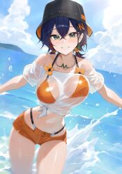 Rule 34 | 1girl, absurdres, belle (summer skies) (zenless zone zero), belle (zenless zone zero), bikini, black hat, blue eyes, blue hair, blue sky, blush, breasts, cloud, commentary request, day, flower, green eyes, hat, highres, horizon, large breasts, looking at viewer, motion blur, navel, ocean, official alternate costume, open mouth, orange bikini, orange shorts, shirt, short twintails, shorts, sky, solo, splashing, stomach, swimsuit, twintails, wading, water, weimiaw, wet, wet clothes, wet shirt, white shirt, zenless zone zero