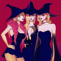 3girls black_dress black_lips blonde_hair choker commentary cowboy_shot domino_(one_piece) dress feather_boa gloves hand_on_own_hip hat kalifa_(one_piece) looking_at_viewer multiple_girls one_piece red_background simple_background smdsqi stitched_arm stitched_face stitched_torso stitches strapless strapless_dress sunglasses victoria_cindry witch_hat
