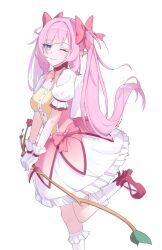 1girl ;) ankle_bow ankle_ribbon blush bow bow_(weapon) breasts choker closed_mouth cosplay dress elysia_(honkai_impact) gem gloves hair_bow highres holding holding_bow_(weapon) holding_weapon honkai_(series) honkai_impact_3rd kaname_madoka kaname_madoka_(cosplay) kaname_madoka_(magical_girl) leg_ribbon long_hair mahou_shoujo_madoka_magica mahou_shoujo_madoka_magica_(anime) nami_(tznami) one_eye_closed pink_bow pink_choker pink_dress pink_gemstone pink_hair pink_pupils pink_shoes pointy_ears purple_eyes ribbon shoes short_sleeves simple_background smile socks solo twintails twitter_username weapon white_background white_gloves white_socks