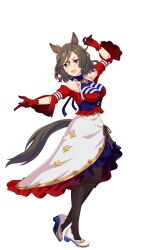 Rule 34 | 1girl, animal ears, arm up, bad link, bare shoulders, breasts, brown hair, dress, ear ornament, frilled dress, frills, full body, game model, gloves, grin, hair between eyes, high heels, highres, horse ears, horse girl, horse tail, jewelry, large breasts, looking at viewer, necklace, off-shoulder dress, off shoulder, official art, outstretched hand, red dress, red eyes, red gloves, shirt, short hair, short sleeves, smile, solo, standing, striped clothes, striped shirt, tachi-e, tail, tap dance city (umamusume), transparent background, umamusume, white footwear