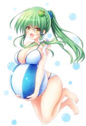 1girl :d alternate_hairstyle ball barefoot beachball bikini blue_scrunchie blush breasts commentary_request frog_hair_ornament full_body green_hair hair_ornament hair_scrunchie hair_tubes highres holding holding_ball holding_beachball huge_breasts kochiya_sanae long_hair open_mouth osashin_(osada) ponytail scrunchie sidelocks single_hair_tube smile snake_hair_ornament solo swimsuit touhou white_background white_bikini yellow_eyes