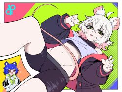 10qi 2girls :d absurdres ahoge animal_ear_fluff animal_ears bags_under_eyes bare_shoulders bear_ears bear_girl bike_shorts black_jacket black_shirt black_shorts blue_hair blunt_bangs blunt_sidelocks border borrowed_character buttons center-flap_bangs colored_tips commentary cosplay costume_switch covered_collarbone crop_top crop_top_overhang cropped_shirt curled_fingers curled_tail cut-in dot_nose double-parted_bangs dutch_angle ear_piercing english_commentary extra_ears eyebrows_hidden_by_hair fang feet_out_of_frame flat_chest flipped_hair from_below gift_art go!_go!_gris! green_eyes green_hoodie green_sleeve_cuffs grey_hoodie grey_shirt grin gris_(go!_go!_gris!) groin hair_between_eyes hair_flaps half-closed_eyes half_updo hands_up happy highres hood hood_down hooded_jacket hoodie jacket leg_up logo long_eyelashes long_sleeves looking_at_self looking_down midriff mouse_ears mouse_girl mouse_tail multicolored_hair multiple_girls multiple_piercings narrowed_eyes navel off-shoulder_shirt off_shoulder open_clothes open_jacket open_mouth original partially_shaded_face perl_(go!_go!_gris!) piercing pink_eyes pink_hair pink_jacket pink_tail pink_trim pocket ponytail print_hoodie puffy_long_sleeves puffy_sleeves raised_eyebrows red_eyes shirt short_hair short_ponytail short_shorts shorts sidelocks skindentation sleeveless sleeveless_shirt sleeves_past_fingers sleeves_past_wrists smile solo_focus sparkle standing standing_on_one_leg tail tail_around_waist tail_raised tareme thick_eyelashes thighs tsurime turtleneck turtleneck_shirt two-sided_fabric two-sided_jacket two-tone_hair unbuttoned upper_body white_border white_hair white_hoodie white_shirt wide-eyed