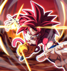 Rule 34 | 1boy, abs, body fur, dragon ball, dragon ball daima, long hair, monkey boy, monkey tail, muscular, muscular male, open mouth, pants, pectorals, red eyes, red fur, red hair, rom (20), saiyan, solo, son goku, spiked hair, spoilers, super saiyan, super saiyan 4, tail, teeth, topless male