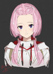 1girl bangs_pinned_back blue_eyes blush closed_mouth cropped_torso drawstring forehead grey_background highres hood hood_down hoodie isshiki_(ffmania7) kaf_(kamitsubaki_studio) kamitsubaki_studio long_hair looking_at_viewer multicolored_eyes pink_hair signature simple_background smile solo twintails virtual_youtuber white_hoodie yellow_pupils