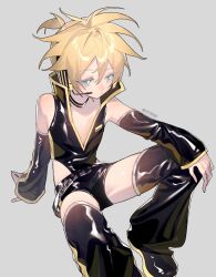 1boy bare_shoulders belt black_leg_warmers black_leotard black_shoes black_shorts black_thighhighs blonde_hair blue_eyes blush bright_pupils choker closed_mouth detached_sleeves expressionless fifibird grey_background hair_between_eyes headphones headset highres kagamine_len kagamine_len_(punkish) leg_warmers leotard leotard_under_clothes male_focus open-bust_leotard popped_collar project_diva_(series) school_uniform shoes short_hair shorts sitting sleeveless solo thighhighs twitter_username vocaloid white_pupils