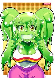 1girl artist_name border breasts cleavage collarbone commentary cowboy_shot dotted_background double_w drooling english_commentary grin hands_up large_breasts monster_girl mouth_drool orange_background original outside_border pants pink_pants short_twintails slime_girl slimemantha_(rubberninja) smile solo steve_chopz straight-on tank_top twintails two-tone_background w white_border white_tank_top yellow_background yellow_eyes