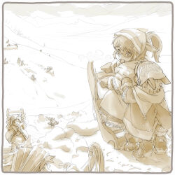 3girls body_fur coat commentary_request full_body furry furry_female headscarf highres kikurage_(crayon_arts) mountain multiple_girls original outdoors rabbit_girl sleigh snow standing tail