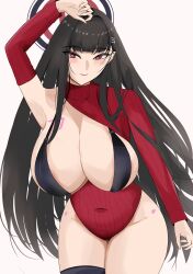 1girl absurdres alternate_breast_size alternate_costume black_hair black_halo blue_archive blush breasts edelweiss17701 green_halo halo highres huge_breasts long_hair looking_at_viewer multicolored_halo red_eyes red_halo red_sweater rio_(blue_archive) seminar_(blue_archive) sideboob solo sweater