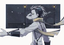 1boy black_hair black_trim blue_eyes breath floating_scarf from_side gm70t hair_slicked_back highres lamppost long_sleeves looking_ahead male_focus mochizuki_ryouji mole mole_under_eye night night_sky open_mouth outstretched_arm persona persona_3 profile railing scarf shirt short_hair short_sideburns sky sleeve_cuffs snowing solo suspenders upper_body white_shirt winter yellow_scarf