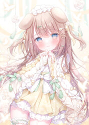 1girl 2024 animal_ears blue_eyes blush bow bow_skirt brown_hair bug butterfly closed_mouth commentary_request cowboy_shot daisy_(flower) dog_ears dot_nose flower frilled_skirt frilled_thigh_strap frills glowing_butterfly gold_bow green_bow green_ribbon hair_bow hair_flower hair_ornament hair_ribbon hands_up hat heart heart_hair_ornament high-waist_skirt highres insect japanese_clothes kimono lolita_fashion long_hair looking_at_viewer mob_cap multiple_hair_bows omochi_monaka original ribbon rose sidelocks skirt smile tassel thigh_strap twitter_username two_side_up wa_lolita white_bow white_flower white_hat white_kimono white_rose wide_sleeves yellow_background yellow_skirt
