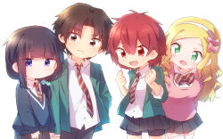 1boy 3girls aizawa_tomo bike_shorts bike_shorts_under_skirt black_hair black_pants black_shorts black_skirt blazer blonde_hair blue_cardigan blue_scrunchie bow bowtie brown_eyes brown_hair cardigan carol_olston clenched_hands closed_mouth collared_shirt commentary deformed diagonal-striped_bow diagonal-striped_bowtie diagonal-striped_clothes diagonal-striped_necktie green_eyes green_jacket gundou_misuzu hair_ornament hair_scrunchie hairband highres jacket kubota_junichirou long_hair long_sleeves looking_at_viewer multiple_girls necktie nyaa_(nnekoron) open_clothes open_jacket open_mouth pants pink_cardigan pleated_skirt purple_eyes red_bow red_bowtie red_eyes red_hair red_necktie school_uniform scrunchie shirt shorts simple_background skirt smile striped_clothes tomboy tomo-chan_wa_onna_no_ko white_background white_hairband white_shirt