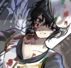 Rule 34 | 1boy, apron, black eyes, black hair, black shirt, blood, blood on clothes, blood on face, grey background, hat, limbus company, long sleeves, looking at viewer, low ponytail, male focus, medu (rubish), paint on clothes, ponytail, project moon, ring (identity) (project moon), shirt, simple background, solo, teardrop facial mark, upper body, white apron, white hat, yi sang (project moon)
