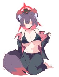 1girl absurdres alternate_costume amebrew animal_ear_fluff animal_ears bare_shoulders barefoot bikini black_bikini black_hair black_jacket black_pants blue_archive blush breasts cleavage closed_mouth colored_inner_hair fox_ears fox_girl fox_tail highres jacket large_breasts looking_at_viewer multicolored_hair navel pants red_hair sitting smile solo stomach swimsuit tail two-tone_hair wakamo_(blue_archive) wariza yellow_eyes