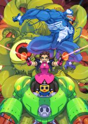 1girl absurdres bodysuit capcom claws commentary crotch_plate dual_wielding earrings energy_gun english_commentary highres holding jewelry long_tongue marvel marvel_vs._capcom marvel_vs._capcom_2 mecha mega_man_(series) mega_man_legends_(series) monster muscular muscular_male one-eyed pantyhose ray_gun robot saliva servbot_(mega_man) sharp_teeth shuma_gorath skull_brooch skull_earrings spider-man_(series) symbiote teeth tentacles tongue tovio_rogers tron_bonne_(mega_man) venom_(marvel) weapon