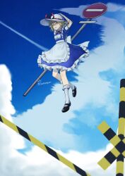 Rule 34 | 1girl, ankle socks, apron, black shoes, blonde hair, blue dress, bobby socks, boom barrier, breasts, cloud, cloudy sky, collared shirt, day, dress, film grain, flying, frilled apron, frilled dress, frills, full body, hat, heavy film grain, highres, kana anaberal, mary janes, neck ribbon, no entry sign, outdoors, puffy short sleeves, puffy sleeves, railroad crossing, red ribbon, ribbon, road sign, shiori (hpug2828), shirt, shoes, short sleeves, sign, sky, small breasts, socks, solo, touhou, touhou (pc-98), white apron, white shirt, white socks, yellow eyes