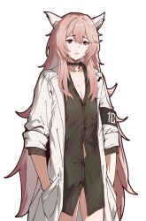 1girl absurdres animal_ears armband bags_under_eyes black_armband black_choker black_shirt cat_ears choker coat collarbone collared_shirt cowboy_shot fake_animal_ears girls&#039;_frontline girls&#039;_frontline_2:_exilium hands_in_pockets highres long_hair looking_at_viewer loveu no_pants open_clothes open_coat parted_lips persica_(girls&#039;_frontline) pink_eyes pink_hair shirt simple_background solo very_long_hair white_background white_coat