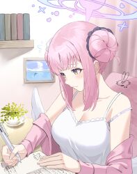 Rule 34 | 1girl, alternate costume, alternate hairstyle, awa (awao141), bare shoulders, blue archive, blush, book, breasts, closed mouth, double bun, hair bun, highres, holding, holding book, holding pen, jacket, large breasts, mika (blue archive), pen, pink hair, pink jacket, purple scrunchie, scrunchie, short hair, sidelocks, solo, sweatdrop, tank top, white scrunchie, white tank top, writing, yellow eyes