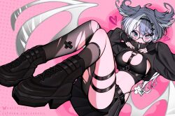 1girl ahoge ark_evil02 asymmetrical_legwear bandaid bandaid_on_leg belt bike_shorts_under_skirt black-framed_eyewear black_belt black_boots black_bra black_gloves black_hairband black_jacket black_nails black_shoes black_skirt black_socks blue_hair bluesky_username blush boots bra breast_cutout breasts chest_harness cleavage clothing_cutout covered_mouth diamond-shaped_pupils diamond_(shape) elira_pendora elira_pendora_(goth) eyelashes famelira_(elira_pendora) fingerless_gloves gloves goth_fashion green_eyes grey_eyes hair_intakes hairband hands_on_own_chest harness head_wings headband heart heterochromia highres jacket kneehighs large_breasts long_hair long_sleeves looking_at_viewer low_twintails low_wings midriff multicolored_hair multiple_thigh_straps navel nijisanji nijisanji_en official_alternate_costume pantyhose patreon_username pink_background pink_pupils platform_boots pleated_skirt round_eyewear shoes shorts shorts_under_skirt single_leg_pantyhose sitting skirt socks solo sports_bra symbol-shaped_pupils thigh_strap torn_clothes torn_pantyhose twintails two-tone_hair underwear upskirt white_streaks white_wings wings zipper