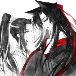 1boy 1girl age_difference aged_down animal_ears artist_request bare_shoulders black_hair black_hanfu breasts chinese_clothes eye_contact eyelashes faux_traditional_media fox_ears fox_girl genderswap genderswap_(mtf) hair_down hair_ribbon half_updo hand_on_another&#039;s_cheek hand_on_another&#039;s_chin hand_on_another&#039;s_face hanfu headband hetero high_ponytail ink_wash_painting lan_wangji large_breasts lipstick long_hair looking_at_another makeup modao_zushi monochrome off_shoulder official_alternate_hairstyle onee-shota ponytail red_eyes red_ribbon ribbon ribboned_xiao_guan second-party_source sidelocks simple_background smile spot_color sword sword_on_back upper_body weapon weapon_on_back wei_wuxian wei_wuxian_(yiling_laozu) white_background white_hanfu white_headband wide_sleeves xiao_guan_(headdress) yellow_eyes