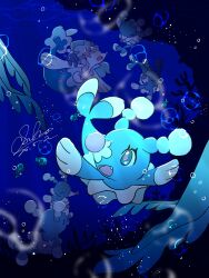 absurdres air_bubble brionne bubble evolutionary_line gen_7_pokemon highres looking_to_the_side nintendo no_humans open_mouth pokemon pokemon_(creature) popplio primarina signature solo_focus sto908 underwater