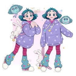+_+ 2girls absurdres animal_bag aqua_eyes aqua_hair backpack bag blush envy_(inside_out_2) highres hood hoodie humanization inside_out inside_out_2 long_sleeves medium_hair multiple_girls netapai1 open_mouth polka_dot polka_dot_hoodie purple_hoodie rabbit_bag shoes sneakers