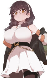 1girl belt black_belt black_survival braid breasts brown_hair dress eternal_return:_black_survival glasses green_jacket hairband highres jacket large_breasts looking_at_viewer medium_hair round_eyewear simple_background solo sumiyao_(amam) suzuki_aya sweat twin_braids undressing white_background white_dress white_hairband yellow_eyes