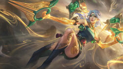 1girl breasts cleavage cloud commentary detached_sleeves dust english_commentary fingernails flying foot_out_of_frame green_eyes highres holding holding_weapon kai&#039;sa league_of_legends league_of_legends:_wild_rift light_particles long_hair looking_ahead lunar_fairy_kai&#039;sa medium_breasts official_alternate_costume official_alternate_hairstyle official_art parted_bangs parted_lips rock solo sunlight weapon white_hair