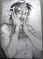 1girl breasts buttons commentary_request creepy female_focus graphite_(medium) greyscale hair_between_eyes hands_on_own_face highres horizontal_pupils horns horror_(theme) kijin_seija looking_at_viewer medium_breasts monochrome multicolored_hair nose open_mouth photo_(medium) pointy_ears ragathol sharp_teeth short_hair slit_pupils solo streaked_hair striped_horns teeth touhou traditional_media upper_body wide-eyed