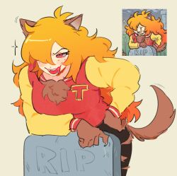 1girl animal_ears animification black_pants claws commentary cowboy_shot english_commentary fake_animal_ears fake_tail firemauer graveyard hair_over_one_eye hand_on_own_hip highres jacket letterman_jacket licking_lips long_hair looking_at_viewer nerd_and_jock orange_hair pants red_eyes red_jacket reference_inset sharp_teeth solo tail teeth tiger_(nerd_and_jock) tombstone tongue tongue_out v-shaped_eyebrows yellow_background yellow_sleeves