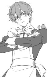 1boy alternate_costume apron cowboy_shot crossdressing crossdressing_(mtf) crossed_arms double-parted_bangs dress earrings enmaided frilled_sleeves frills highres jewelry long_sleeves looking_at_viewer maid maid_apron male_focus male_maid multicolored_hair neck_ribbon piercing project_sekai ray_(lthenray) ribbon shinonome_akito short_hair simple_background sleeve_cuffs solo streaked_hair stud_earrings white_background