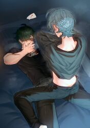 ! 2bnerikeshi 2boys absurdres bed black_pants black_shirt black_sweater blush clothes_lift dog_tags hair_between_eyes highres lifting_own_clothes lighter_(zenless_zone_zero) long_sleeves lying male_focus multiple_boys neck_blush nose_blush on_back on_bed open_mouth pants pillow scar scar_on_arm shirt spoken_exclamation_mark straddling sunglasses sweat sweater torn_clothes torn_shirt undressing upright_straddle wise_(zenless_zone_zero) yaoi zenless_zone_zero