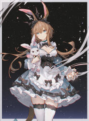 1girl alternate_costume amiya_(arknights) animal_ears apron arknights black_collar blue_dress blue_eyes bow brown_hair cleavage_cutout clothing_cutout collar dress hair_bow highres holding holding_stuffed_toy lace lace-trimmed_thighhighs lace_trim layered_dress long_hair long_sleeves looking_at_viewer openvl rabbit_ears rabbit_girl red_bow skindentation sky smile solo star_(sky) starry_sky starry_sky_background stuffed_animal stuffed_rabbit stuffed_toy thighhighs twitter_username white_apron white_thighhighs
