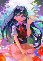 1girl absurdres aoki_(fumomo) backlighting barefoot black_hair black_sweater_vest bright_pupils brown_skirt collared_shirt grey_eyes hair_behind_ear highres knees_out_of_frame long_hair looking_at_viewer mari_(headspace)_(omori) mari_(omori) neckerchief omori open_mouth outdoors picnic picnic_basket picnic_blanket pleated_skirt red_neckerchief shirt short_sleeves sitting skirt smile solo sweater_vest teeth upper_teeth_only waving white_pupils white_shirt