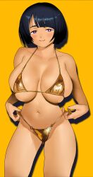1girl bikini black_hair blue_eyes breasts cessa closed_mouth commentary_request gold_bikini gundam gundam_gquuuuuux highres large_breasts looking_at_viewer navel orange_background shiiko_sugai simple_background smile solo swimsuit