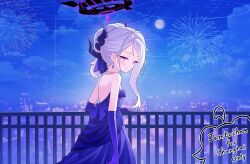 1girl absurdres back black_halo blue_archive blush breasts building demon_girl demon_horns dress earrings elbow_gloves full_moon gloves halo highres hina_(blue_archive) hina_(dress)_(blue_archive) horns jewelry long_hair looking_at_viewer moon night night_sky purple_dress purple_eyes purple_gloves sky small_breasts solo star_(sky) white_hair wnsgur6686