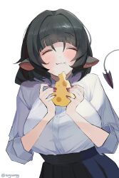 1girl absurdres angnomsy animal_ears artist_name black_hair blush breasts cheese closed_eyes closed_mouth cowboy_shot eating food happy highres holding holding_food jane_doe_(zenless_zone_zero) large_breasts mouse_ears mouse_girl mouse_tail nail_polish shirt short_hair simple_background skirt solo tail white_background white_shirt zenless_zone_zero
