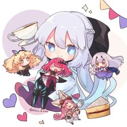 &gt;_&lt; 5girls baobhan_sith_(fate) baobhan_sith_(first_ascension)_(fate) barghest_(fate) barghest_(second_ascension)_(fate) black_dress blonde_hair blue_dress blue_eyes boots cake chibi closed_eyes dress fate/grand_order fate_(series) food green_eyes habetrot_(fate) hair_ornament highres melusine_(fate) melusine_(second_ascension)_(fate) morgan_le_fay_(fate) multiple_girls open_mouth pink_dress pink_hair shigure_(ffrh7824) smile tea thigh_boots white_background white_hair yellow_eyes
