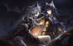 2girls animal_ears arknights black_gloves black_hair blue_eyes bolo_tie closed_mouth etama_quomo eye_contact gloves grey_hair hair_between_eyes hand_on_another&#039;s_chin highres holding holding_umbrella lappland_(arknights) lappland_(refined_horrormare)_(arknights) long_hair long_sleeves looking_at_another multiple_girls night official_alternate_costume orange_eyes outdoors profile rain texas_(arknights) texas_the_omertosa_(arknights) umbrella water wet wet_hair wind wolf_ears wolf_girl