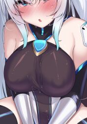 1girl :o amahara_kuon bare_shoulders black_leotard black_thighhighs blue_eyes blue_hair blush breasts celestia_quartz covered_erect_nipples covered_navel elbow_gloves gloves gradient_hair impossible_clothes kutan large_breasts leotard long_hair looking_at_viewer multicolored_hair open_mouth original skin_tight solo thighhighs twintails virtual_youtuber wet white_hair