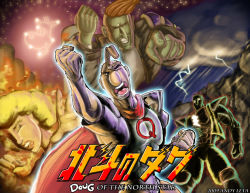 1girl 3boys angry artist_request belt cape cloud crossover doug doug_funnie fist_shaking hokuto_no_ken kenshiro lightning male_focus mr._heart multiple_boys night night_sky non-web_source open_mouth parody patti_mayonnaise quailman roger_klotz sachiel_(evangelion) sky star_(sky) teeth