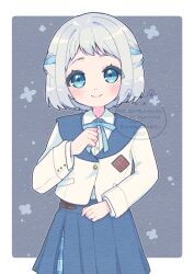 1girl amari_(ama_shiiiiiiba) blue_eyes blue_ribbon blue_skirt blush braid closed_mouth collared_shirt cowboy_shot dress_shirt gakuen_idolmaster grey_hair hair_ribbon half_up_braid hatsuboshi_gakuen_school_uniform highres idolmaster jacket katsuragi_lilja looking_at_viewer neck_ribbon overskirt pleated_skirt ribbon ribbon_braid school_uniform shirt short_hair skirt smile solo watermark white_jacket white_shirt