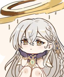 1girl bracelet braid chibi closed_mouth genshin_impact gloves gold_bracelet halo highres istaroth_(genshin_impact) j_zhen jewelry long_hair simple_background sitting solo very_long_hair white_hair yellow_eyes
