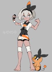 1girl barefoot bea_(pokemon) black_bodysuit black_hairband bodysuit bodysuit_under_clothes bow_hairband character_name collared_shirt creatures_(company) dark-skinned_female dark_skin game_freak gen_5_pokemon gloves grey_eyes grey_hair hair_between_eyes hairband imaikuy0 nintendo partially_fingerless_gloves pig pokemon pokemon_(creature) pokemon_swsh shirt short_hair short_sleeves shorts side_slit side_slit_shorts single_glove tepig tied_shirt wristband