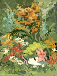 Rule 34 | absurdres, animal focus, blue flower, closed mouth, expressionless, flower, gen 4 pokemon, grass, green eyes, green fur, hedgehog, highres, kfkgot7ig2r5265, legendary pokemon, mythical pokemon, nintendo, no humans, orange flower, outdoors, painterly, pink flower, pokemon, pokemon (creature), pokemon focus, red flower, shaymin, shaymin (land), white flower, white fur