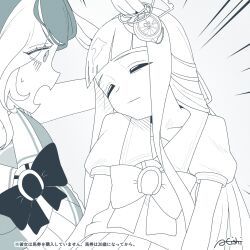 2girls a4_(a4_eishi) animal_ears artist_name blunt_bangs blush breasts chrono_genesis_(umamusume) closed_mouth collarbone commentary_request fainting hair_between_eyes hair_ornament highres horse_girl long_hair loves_only_you_(umamusume) medium_breasts multiple_girls school_uniform surprised tracen_school_uniform umamusume