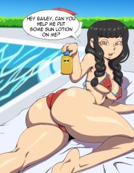 Rule 34 | 1girl, absurdres, ass, ass focus, barefoot, bikini, black hair, braid, braided pigtails, cameltoe, christina xu, highres, huge ass, looking at viewer, looking back, lotion, lying, marvel, on stomach, outdoors, pool, poolside, side-tie bikini bottom, skindentation, smile, spider-man (series), string bikini, sunscreen, swimsuit, thong, thong bikini, towel, twin braids